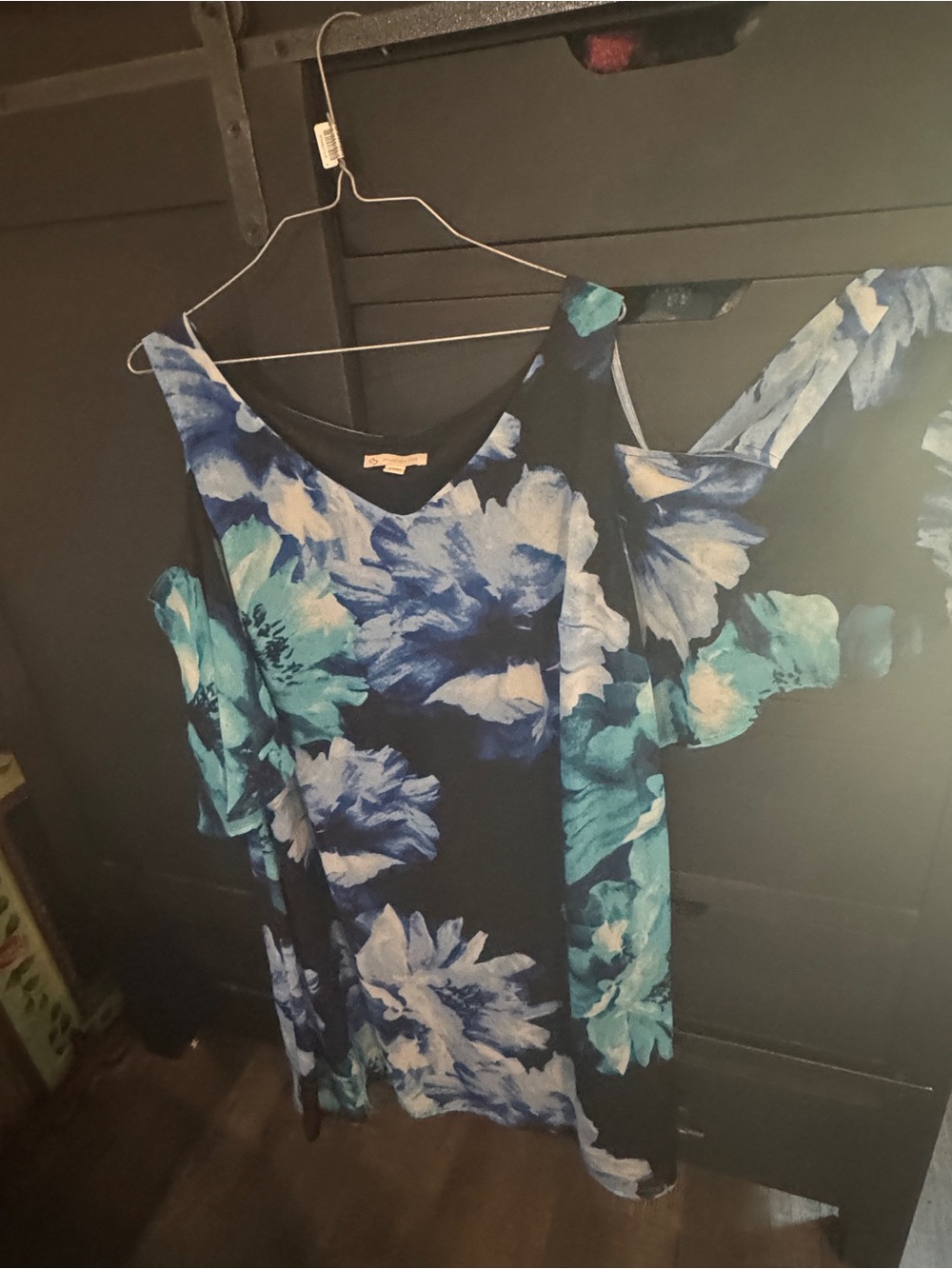 Cold-Shoulder Floral Tunic Dress in Navy and Teal
